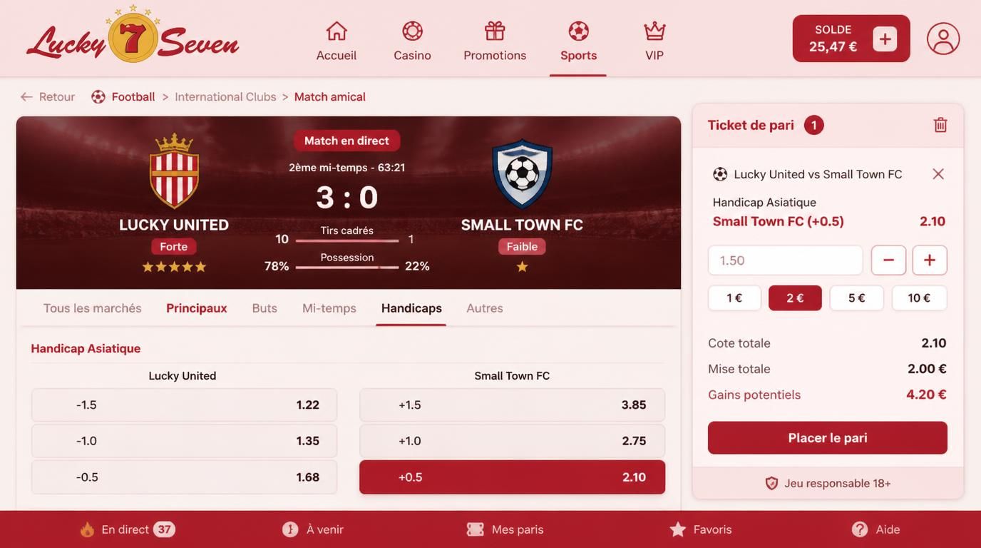 Une capture montrant un match déséquilibré avec handicap et petite mise