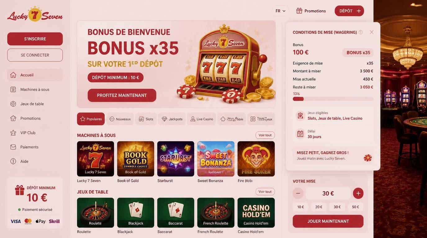 Un joueur français vérifie les conditions de mise sur Lucky 7 Casino, dépÎt minimal et mises faibles