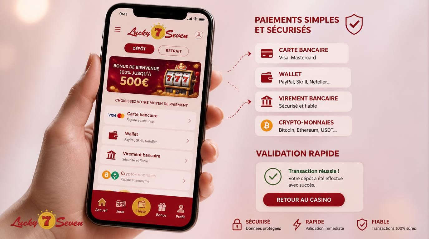 Interface casino français montrant carte bancaire, e-wallets, et icône de vigilance