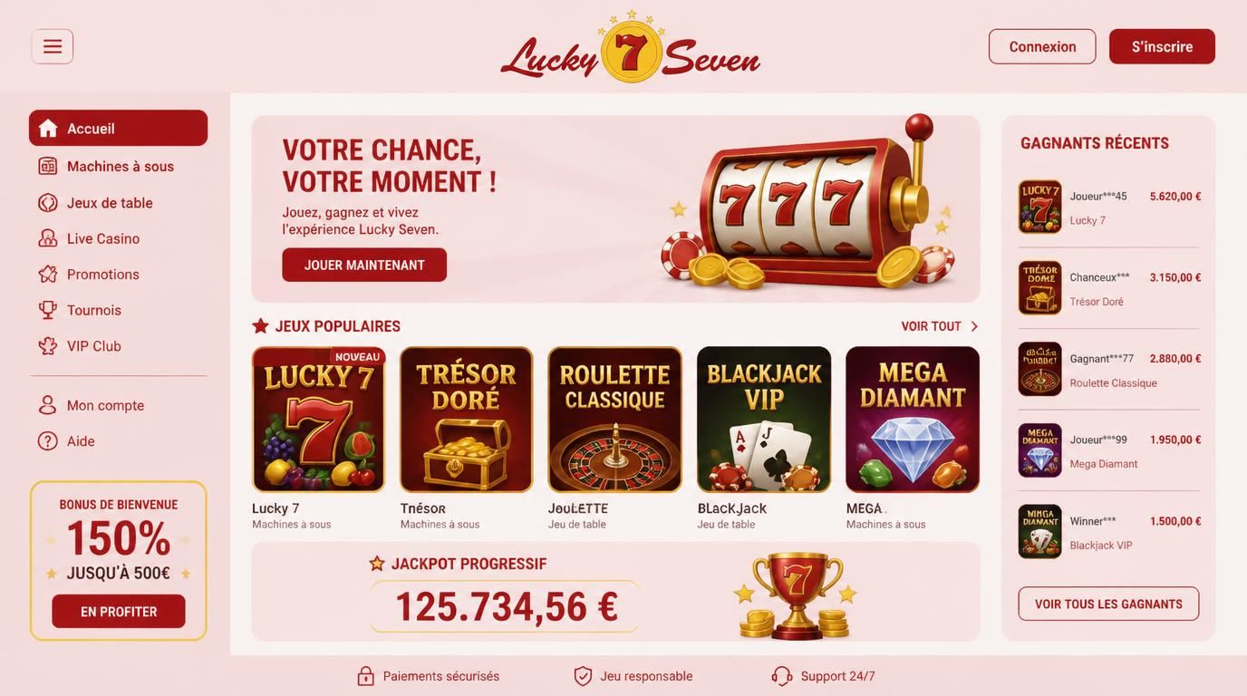 Une interface mobile de casino sombre et dorée évoquant Lucky 7, avec boutons lisibles et mise en page claire catégories de jeux, logo visible, éléments premium