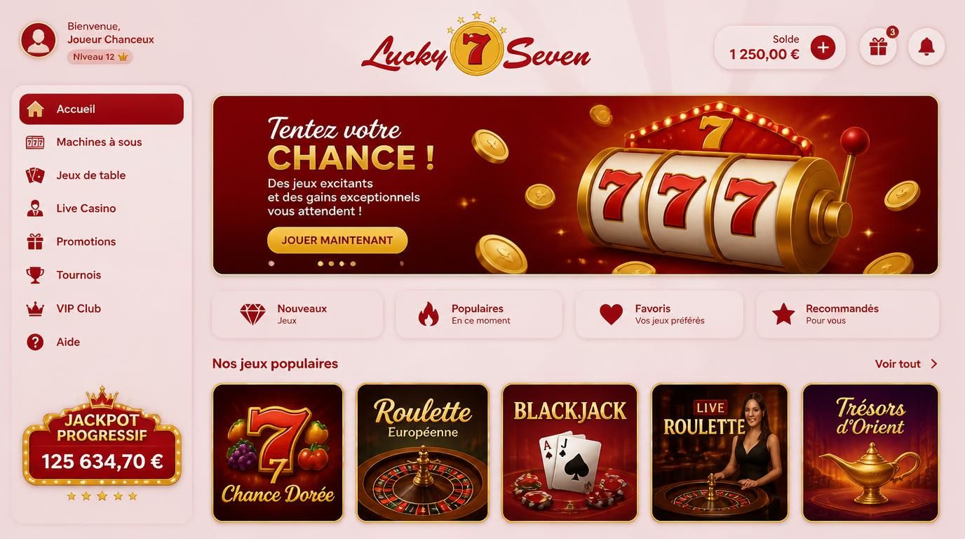 Écran montrant notification de mise à jour de Lucky 7 Casino, version, date, corrections, bouton Mettre à jour